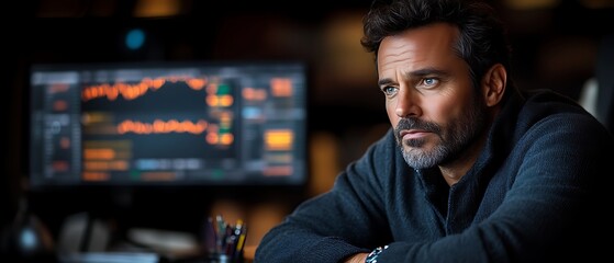 Man Contemplates Market Data in Office