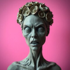 Clay sculpture of a woman with a flower crown, showing a pained expression against a pink background.