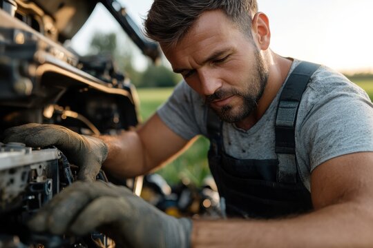 An industrious mechanic focusing on repairing a tractor under a clear blue sky, highlighting the importance of agriculture and maintenance within rural communities.