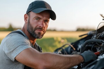 Fototapeta premium A portrait of a mechanic posing next to machinery in a field, demonstrating the blend of human effort and technological advancement within the agricultural sector.