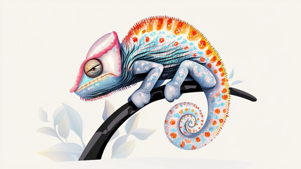 Colorful chameleon illustration on branch, showcasing vibrant patterns and textures. This wild animal is depicted in whimsical style, highlighting its unique features and colors