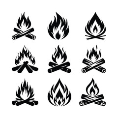 Campfire icon set, Bonfire burning on firewood symbol, outdoor adventure motifs, simple geometric shapes, stylized flames, graphic design elements