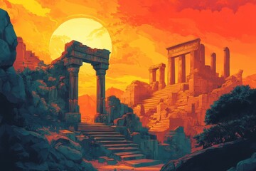 Ancient Ruins at Sunset with a Large Moon