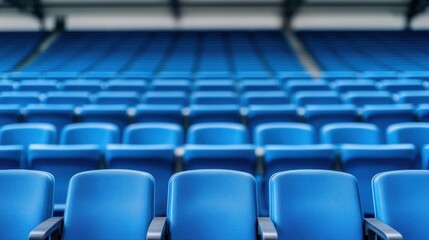 Obraz premium Rows of Empty Blue Seats in a Stadium Interior with Soft Focus Background and Bright Lighting