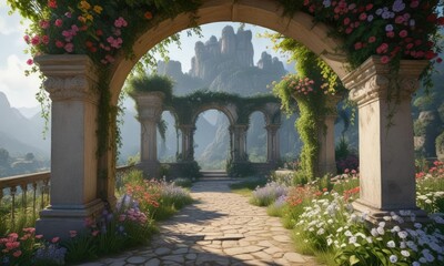 Fototapeta premium Archways adorned with flowers and creepers, blending into the surroundings , India, creepers, arches
