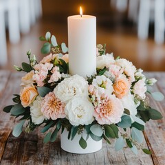 Obraz premium A beautifully arranged floral centerpiece with a lit candle, perfect for creating a warm and inviting atmosphere.