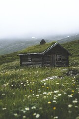 Fototapeta premium Nestled in a lush green landscape, a cozy rustic cabin adorned with a grass roof offers a warm invitation. Wildflowers flourish around this tranquil retreat, creating a picturesque escape