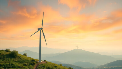 Green energy concept, eco power. Wind turbine located along the hill with the wind blowing all the time. Can produce renewable energy as well. Considered a clean energy.