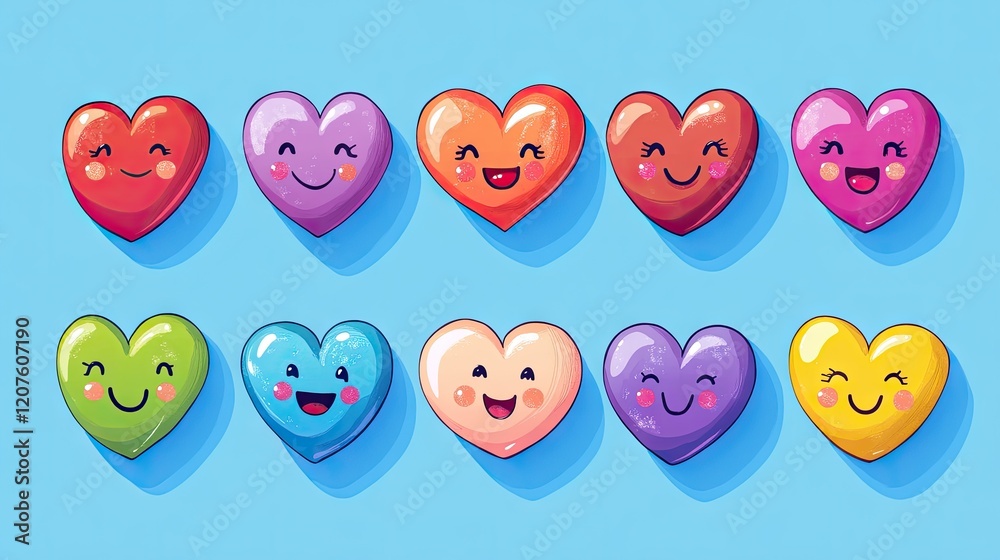 Fototapete A collection of colorful cartoon hearts, each with unique expressions, floating on a solid blue background with text space in the center.