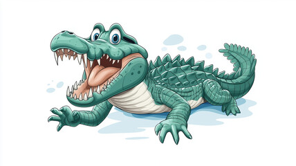 Fototapeta premium dynamic crocodile illustration featuring playful expression, showcasing its sharp teeth and textured skin. This wild animal is depicted in vibrant, cartoonish style