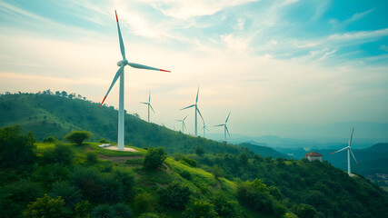 Green energy concept, eco power. Wind turbine located along the hill with the wind blowing all the time. Can produce renewable energy as well. Considered a clean energy.
