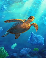 Obraz premium Sea Turtle Swims Through Plastic Ocean Pollution A Stunning Underwater Scene Depicting Environmental Issues