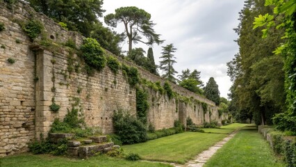 Ancient stone wall with weathered stones and lush greenery, garden, trees, building facade, nature, landscape photography