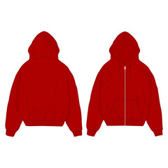 zip up Hoodie vector template illustration. front and back view. oversized. drop shoulder. unisex. red color.  © Guavart