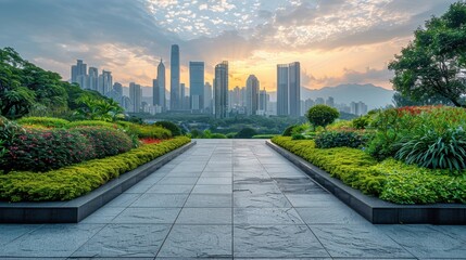 City skyline with an oasis of greenery, featuring parks and gardens offering sanctuary amidst urban hustle.