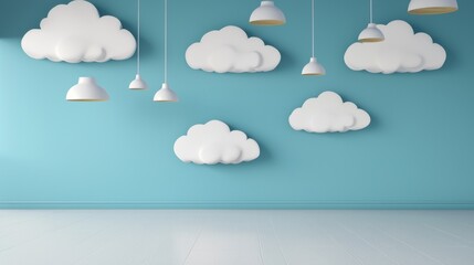 Cloud computing Concept. Playful cloud decorations against a blue wall backdrop.