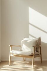 Fototapeta premium This cozy armchair in light wood features a soft wool cushion and is positioned in a bright room with natural light, creating a calming and modern atmosphere perfect for relaxation