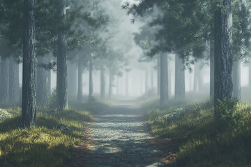 Obraz premium A tranquil path winds through tall pine trees, enveloped in thick fog. Soft natural light seeps through, creating a calming atmosphere ideal for reflection or exploration