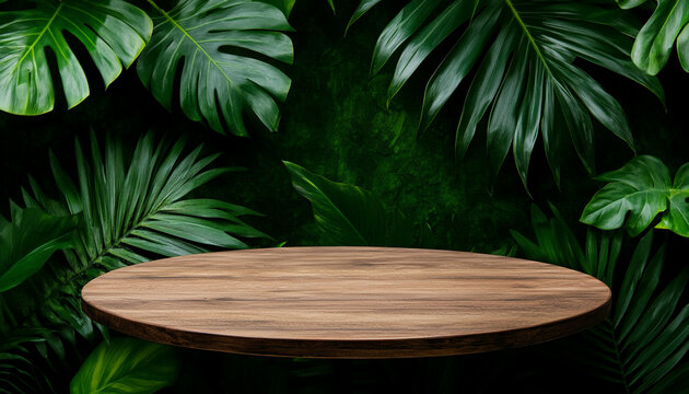 A wooden table surrounded by lush green tropical leaves in a vibrant setting.