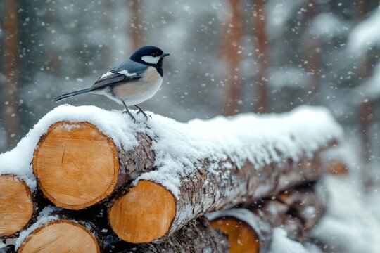 Coal tit perching on snow-covered logs during snowfall in winter forest