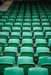 Naklejka premium Green tribunes. seats of tribune on sport stadium. empty outdoor arena. concept of fans. chairs for audience. cultural environment concept. color and symmetry. empty seats. modern stadium