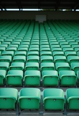 Naklejka premium Green tribunes. seats of tribune on sport stadium. empty outdoor arena. concept of fans. chairs for audience. cultural environment concept. color and symmetry. empty seats. modern stadium