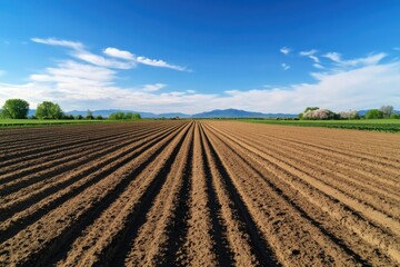 An expansive agricultural field stretches under a clear blue sky, showcasing the beauty of farmland and the perfect environment for crop cultivation and growth.