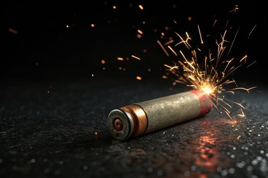 Close-up of burning fuse on dark surface, thermal spike, sparking point, glowing wire