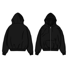 zip up Hoodie vector template illustration. front and back view. oversized. drop shoulder. unisex. black, color.  © Guavart