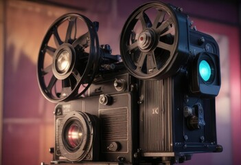 Naklejka premium Close-up of a vintage film projector with vibrant light patterns, equipment, lens flare