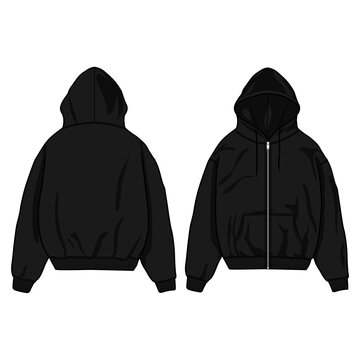 zip up Hoodie vector template illustration. front and back view. oversized. drop shoulder. unisex. black, color. 
