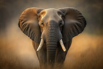 Obraz premium A hyper-realistic close-up of a Zimbabwean elephant textured skin, with details of its wrinkles and dust-covered tusks in the golden afternoon light