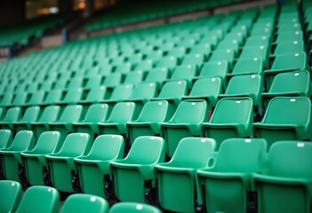 Naklejka premium Green tribunes. seats of tribune on sport stadium. empty outdoor arena. concept of fans. chairs for audience. cultural environment concept. color and symmetry. empty seats. modern stadium