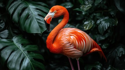 Fototapeta premium Vibrant Flamingo Amidst Lush Tropical Foliage