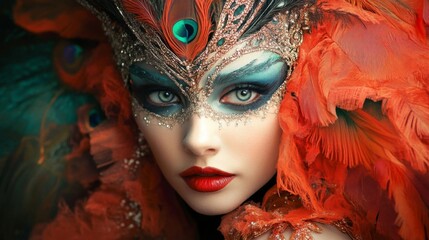 Fototapeta premium Enchanted Woman in Peacock Feather Mask and Red Costume