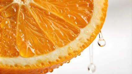 Close-up of a juicy orange slice with a few water droplets on its surface and some juice dripping down, juice drip, juicy orange slice