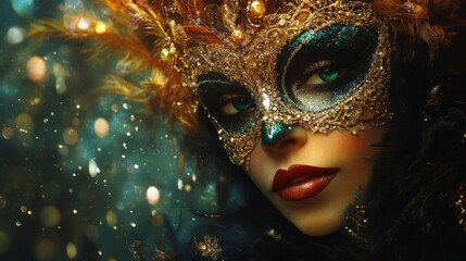 Mysterious Woman in Glittering Gold and Green Masquerade Mask