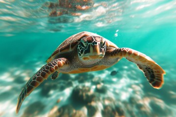 Obraz premium A loggerhead sea turtle swimming gracefully in the clear waters of Zanzibar, with coral reefs and fish in the background