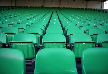 Obraz premium Green tribunes. seats of tribune on sport stadium. empty outdoor arena. concept of fans. chairs for audience. cultural environment concept. color and symmetry. empty seats. modern stadium