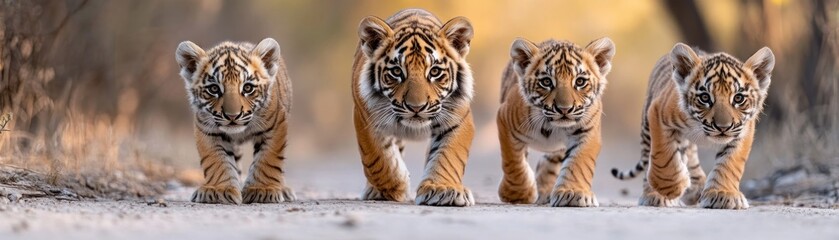 Fototapeta premium Adventure Travel Photography Witnessing the Majestic Siberian Tiger Cubs in Their Natural Habitat Dedicated photographers document these endangered species, capturing breathtaking images that