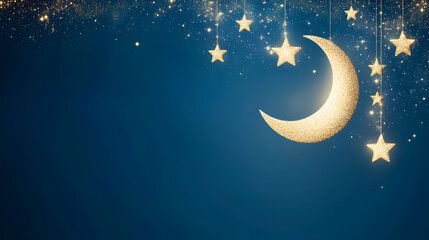 Naklejka premium Golden crescent moon and stars hanging on a deep blue background with copy space