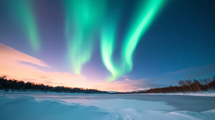 Naklejka premium Breathtaking aurora borealis dances over a serene winter landscape at twilight.