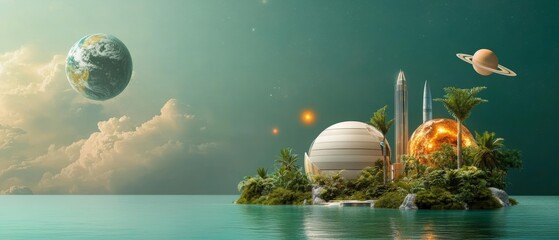 Futuristic zero-gravity innovation centers floating amidst radiant stars featuring sleek architectural designs and cutting-edge technology in a serene cosmic setting
