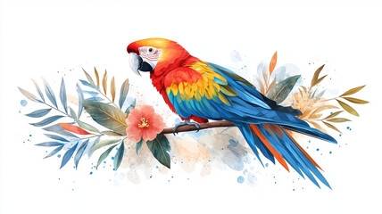 Fototapeta premium vibrant parrot perched on branch, surrounded by colorful leaves and flower, showcasing its bright red, blue, and yellow feathers. This wild animal illustration captures beauty of nature