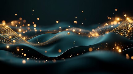Obraz premium Abstract Dark Teal Waves With Golden Hexagons And Lights