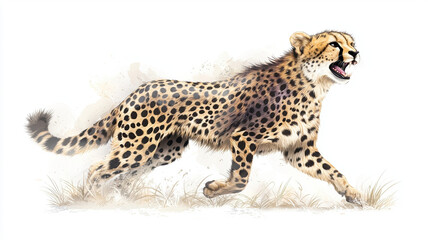 dynamic illustration of cheetah running gracefully across sandy terrain, showcasing its powerful physique and distinctive spotted coat. artwork captures essence of this wild animal in motion