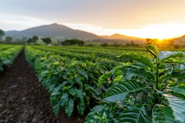 Fototapeta premium A tranquil scene of coffee plants illuminated by the soft glow of morning light, nestled within mountainous terrain, capturing the essence of nature's beauty and agricultural practices.