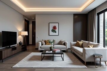 Modern Minimalist Living Room Interior Design with Beige Sofa Coffee Table and Area Rug