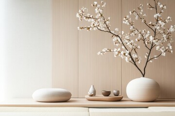A minimalist Zen-inspired living room with sliding paper doors, neutral tones, and an indoor water feature