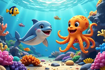 Obraz premium Adorable Cartoon Dolphin and Octopus Underwater Friends in Vibrant Coral Reef Scene